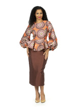 2pc Silky Twill Print Top + Solid Skirt Set