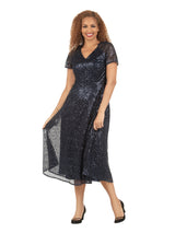 V-neck Short Slv A-line Dress in Sequined Lace