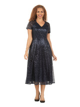 V-neck Short Slv A-line Dress in Sequined Lace