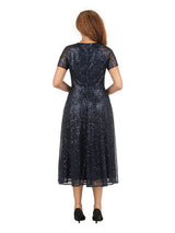 V-neck Short Slv A-line Dress in Sequined Lace