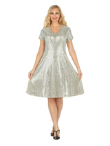 Short Sleeve V-neck Sequins A-line Dress - Plus