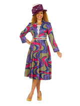 A-line LS Print Dress w/ Waistline Detail&Brooch