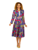A-line LS Print Dress w/ Waistline Detail&Brooch