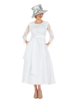 Graceful White Lace Slv Tea-Length Dress-Plus