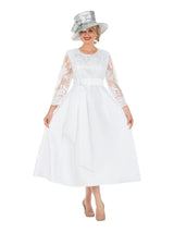 Graceful White Lace Slv Tea-Length Occasion Dress