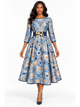 Blue Swirl Print Belted Silky Twill Midi Dress