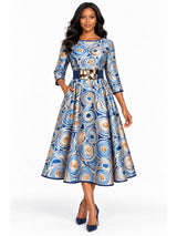 Blue Swirl Print Belted Silky Twill Midi Dress