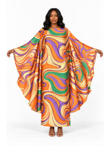 Retro Swirl Print Silky Twill Kaftan Maxi Dress