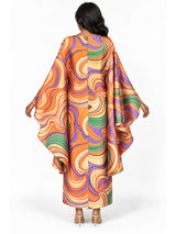 Retro Swirl Print Silky Twill Kaftan Maxi Dress