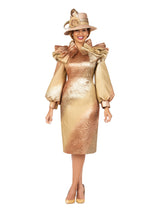 Copper Metallic Brocade Ruffle-Shoulder Midi Dress
