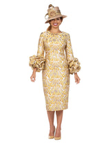 Metallic Brocade Rosette-Cuff Midi Dress