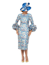 Metallic Brocade Rosette-Cuff Midi Dress
