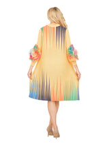 Abstract Pleated Midi Dress with Ruffle Sleeves