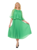 Pleated Chiffon Midi Dress w/ Shimmer Mesh Sleeves