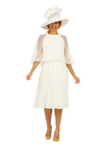 Pleated Chiffon Midi Dress w/ Shimmer Mesh Sleeves