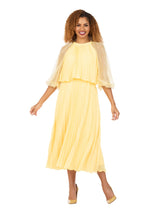 Pleated Chiffon Midi Dress w/ Shimmer Mesh Sleeves