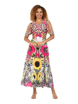 Vibrant Printed Cold-Shoulder Maxi Dress
