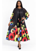 Abstract Circle Print Pleated Chiffon Midi Dress