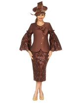 2pc Bell Slv Sequined Lace&Silky Twill Skirt Suit