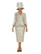Metallic Brocade 3pc Suit w/ Organza Ruffle Jkt