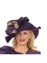 Sculpted Wavy Brim Hat with Gold Jeweled Brooch