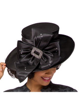 Rhinestone Bow Side-Flip Satin Wide Brim Hat