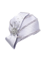 Round Ribbon Hat w/ Brooch and Rhinestoned Strip