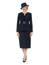 3pc Collarless Rhinestone Buckle Skirt Suit