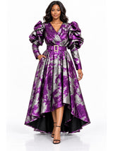 Metallic Puff-Sleeve Wrap V-neck High-Low Dress