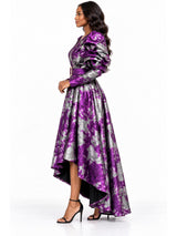 Metallic Puff-Sleeve Wrap V-neck High-Low Dress