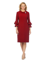 1pc Cowl Neck 3/4 Ruffled Sleeve Dress w/ Brooch