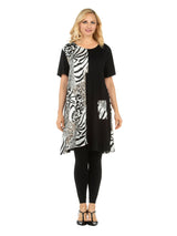 Short Slv Crew Neck Tunic Dress in Contrast Fabric