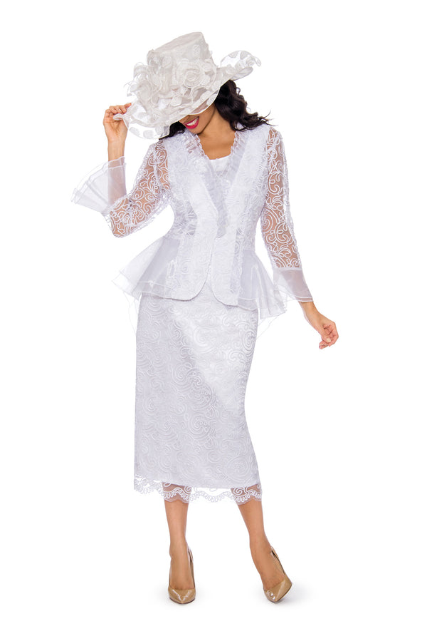 3pc Lace Suit w/ Ruffled Neckline & Organza Trim - Plus Size