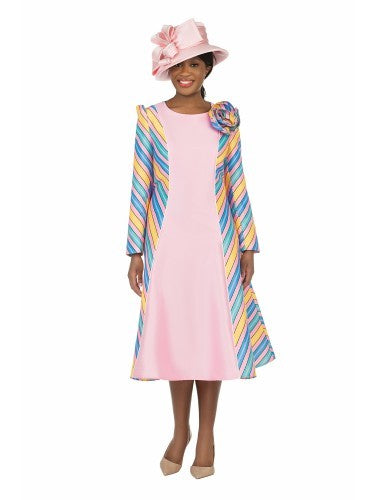 1pc Silky Twill Pink/Blue/Yellow Color Combo Dress