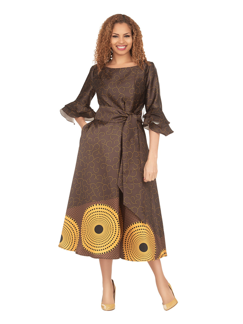 Silky Twill Fit&Flare Drs w/ Belt in African Print