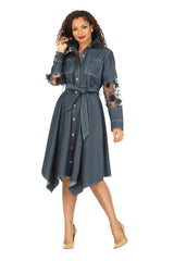 Belted Denim Shirt Drs w/ Sheer Slv Detail