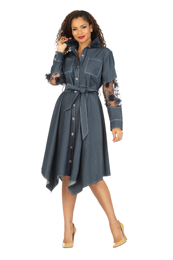 Belted Denim Shirt Drs w/ Sheer Slv Detail-Plus