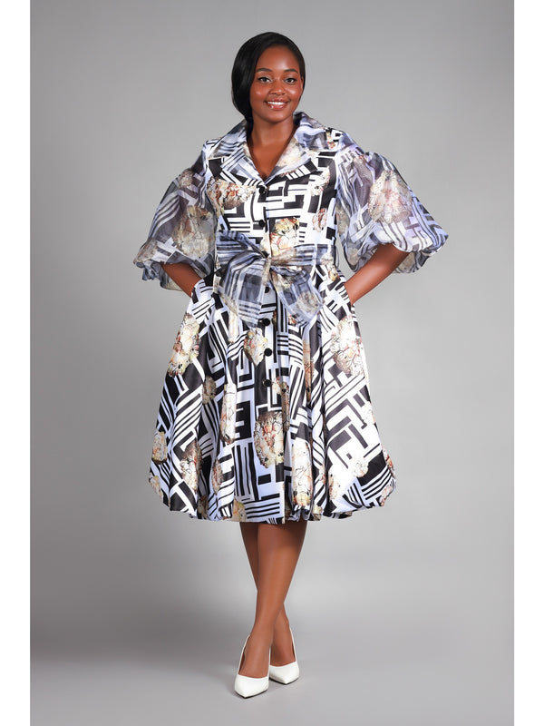 Puff Slv Print Shirt Dress in Silky Twl & Organza