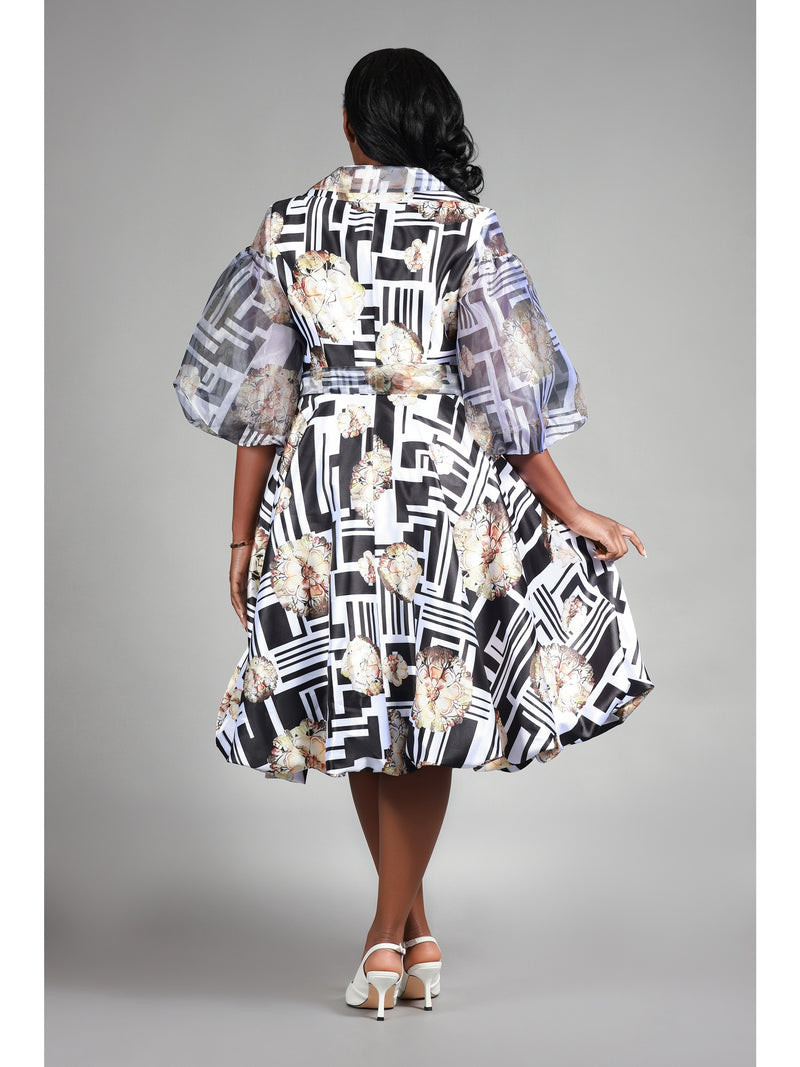 Puff Slv Print Shirt Dress in Silky Twl & Organza