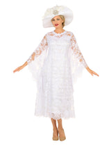 White Lace A-Line Dress with Draped Sheer Sleeves