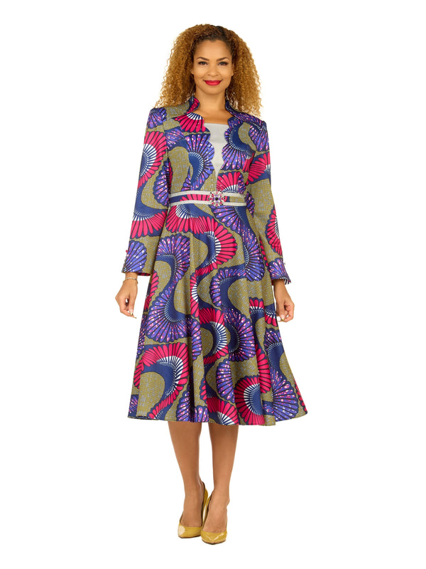 A-line LS Print Dress w/ Waistline Detail&Brooch