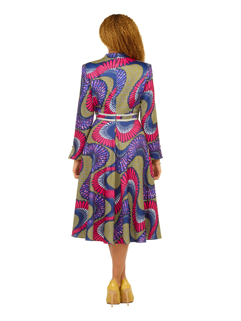 A-line LS Print Dress w/ Waistline Detail&Brooch