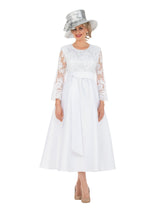 Graceful White Lace Slv Tea-Length Dress-Plus