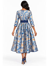 Blue Swirl Print Belted Silky Twill Midi Dress