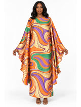 Retro Swirl Print Silky Twill Kaftan Maxi Dress