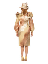 Copper Metallic Brocade Ruffle-Shoulder Midi Dress