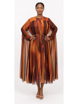 Sunset Cascade Printed Chiffon Cape Dress