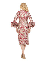 Metallic Brocade Rosette-Cuff Midi Dress