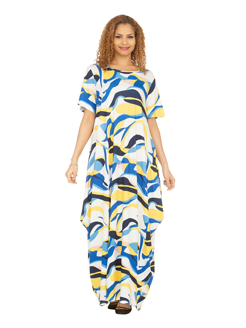 Short Slv Jersey Knit Abstract Print Maxi Dress