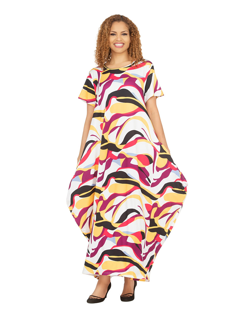 Short Slv Jersey Knit Abstract Print Maxi Dress
